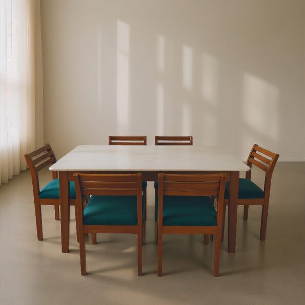 Six Seater Wooden Marble Top Dining Table Set