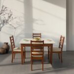 Four Seater Marble Top Wooden Dining Table Set