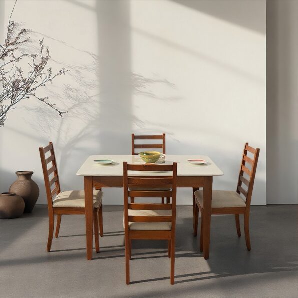 Four Seater Marble Top Wooden Dining Table Set