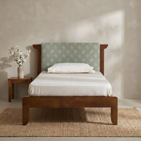 Wooden Single Bed With Cushioned Headboard