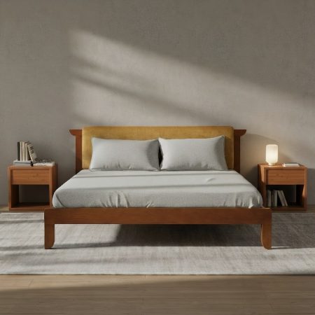 Wooden Bed With Cushioned Headboard