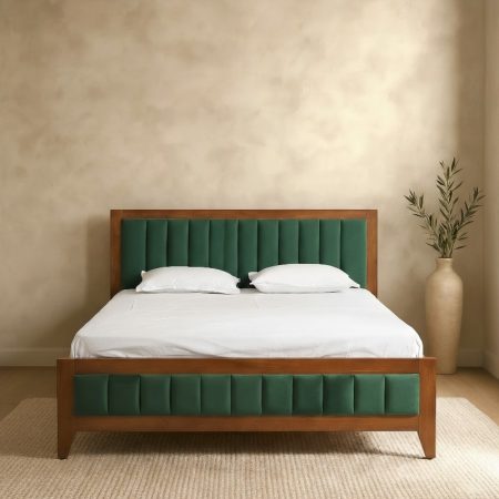 Queen Size Wooden Bed With Cushioned Headboard