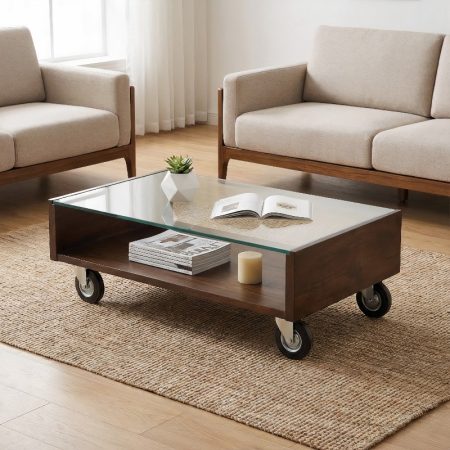 Wooden  Low Center Table With Wheels